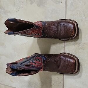 Justin Youth Leather Boots, Size 8.5D, Brown with Navy, red/ yellow Stitching